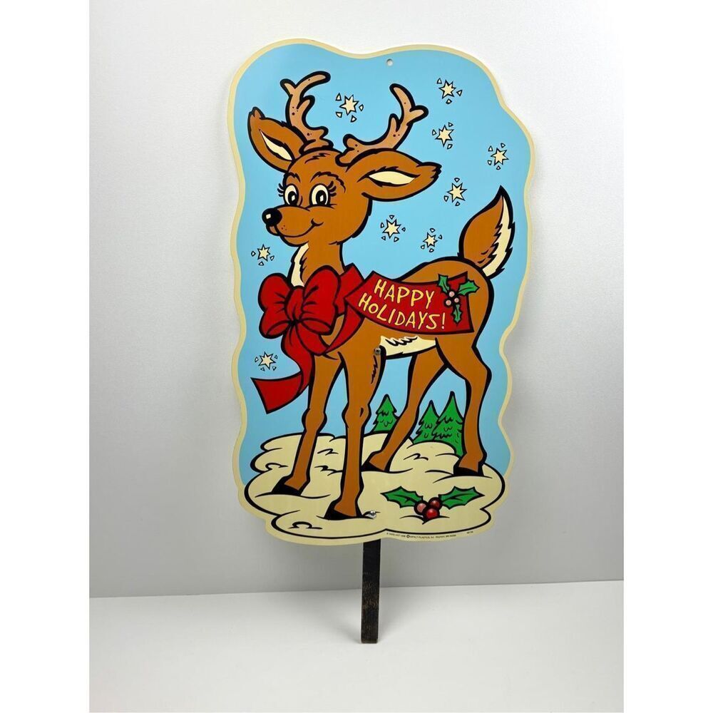 Vtg 1998 Yard Art Impact Plastics Happy Holidays Reindeer Yard Sign Christmas EO